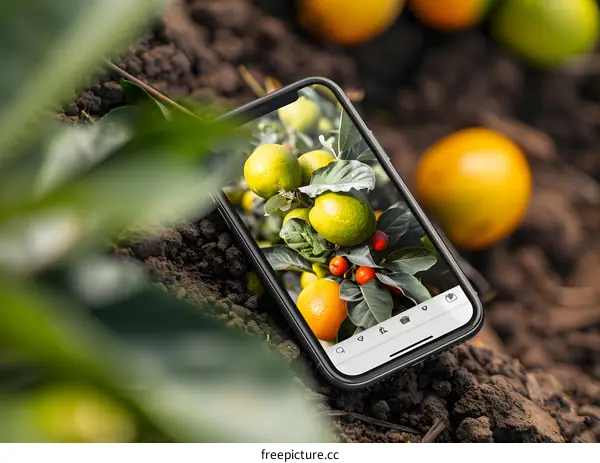 Smartphone Displaying a Close Up of Citrus Fruits on a Branch