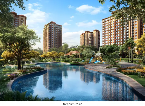 Luxury Residential Complex with Swimming Pool and Lush Greenery