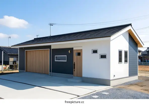 Modern House with a Garage and a Wooden Door