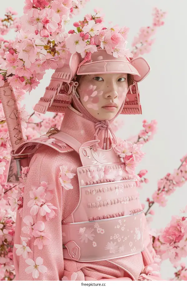 A samurai stands in a field of cherry blossoms