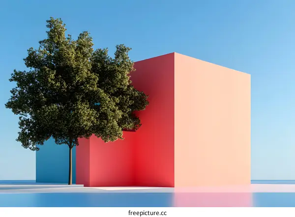 Minimalist 3D Render with Tree and Geometric Shapes