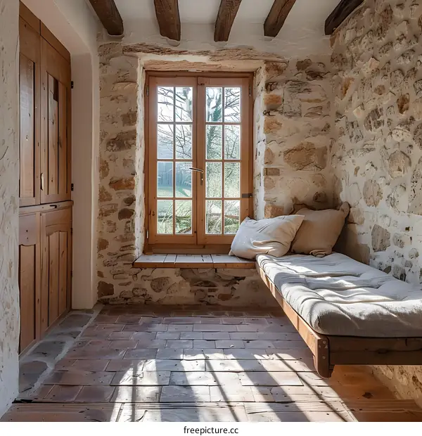 A cozy reading nook in a rustic stone cottage.
