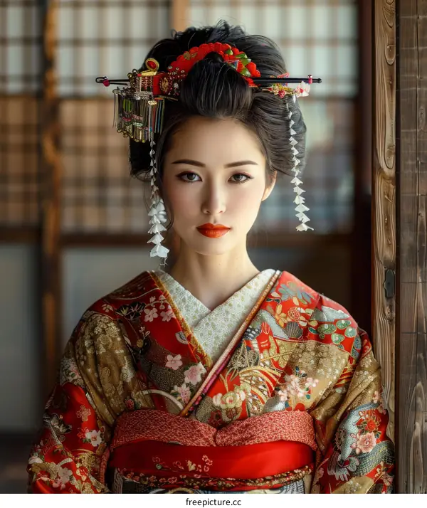 Portrait of a beautiful Japanese woman in traditional kimono