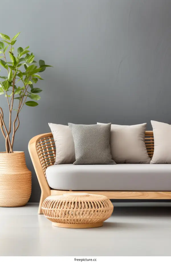 A stylish living room with a gray sofa, a wicker coffee table, and a potted plant