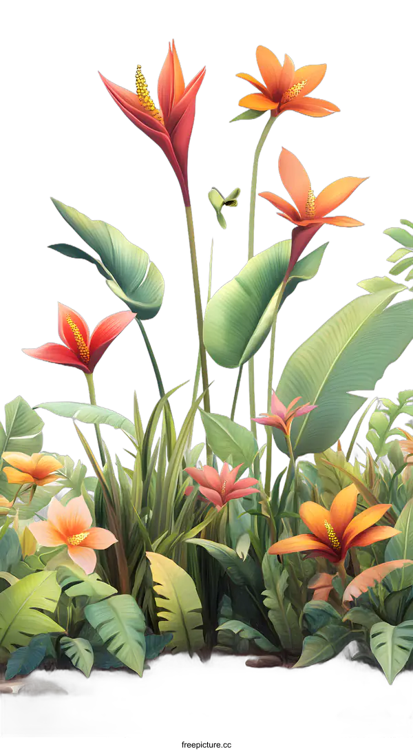 [Transparent Background PNG]Tropical Flowers and Lush Greenery on White Background