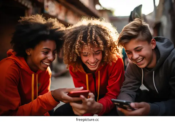 Three teenagers looking at their phones and laughing