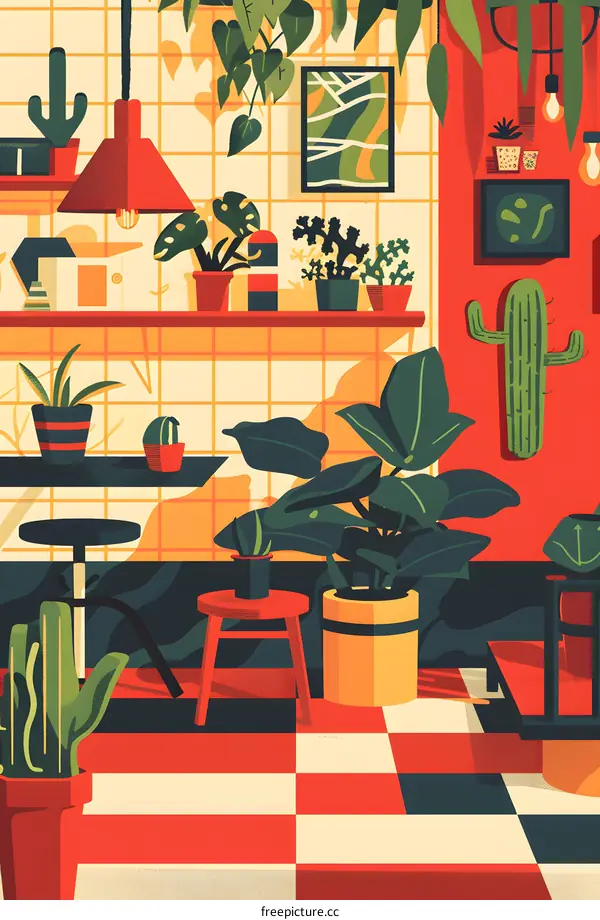 Modern Illustration of a Room with Plants and a Checkered Floor