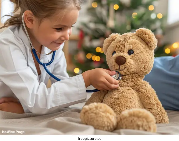 Little girl playing doctor with her teddy bear