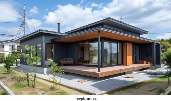 Modern Japanese Home with Wooden Deck and Large Windows