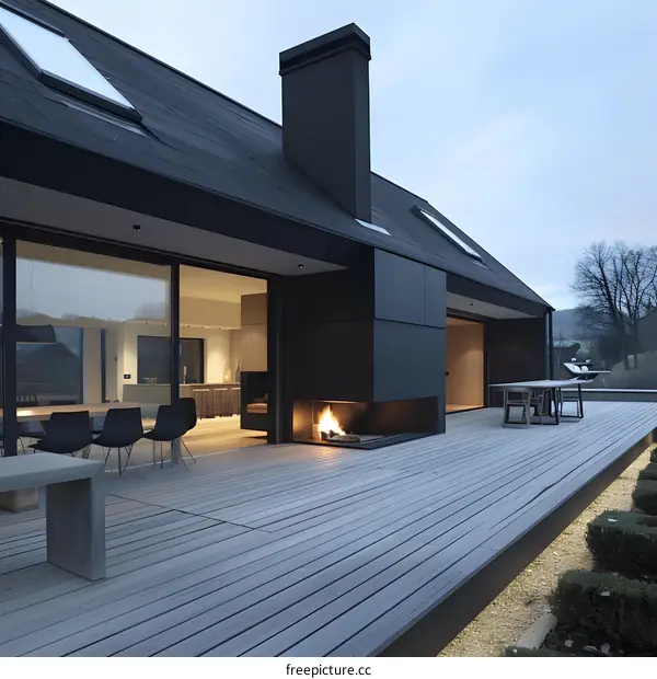 Modern House with Black Roof and Patio with Fireplace