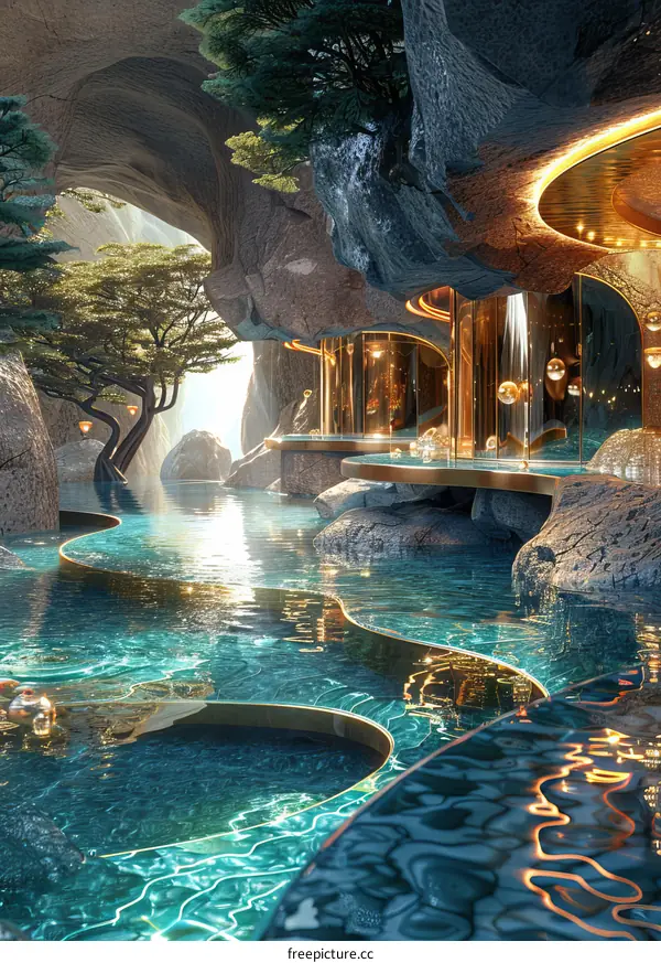 Luxury Cave-like Pool Design with Waterfalls and Trees