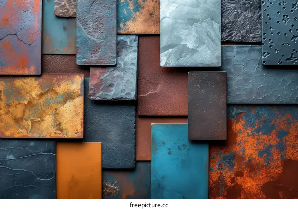 A collection of various metal textures including copper, steel, and aluminum.