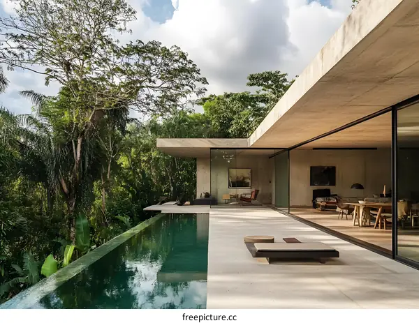 Modern Concrete House with Infinity Pool and Lush Greenery