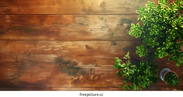 Rustic Wooden Tabletop with Green Plants