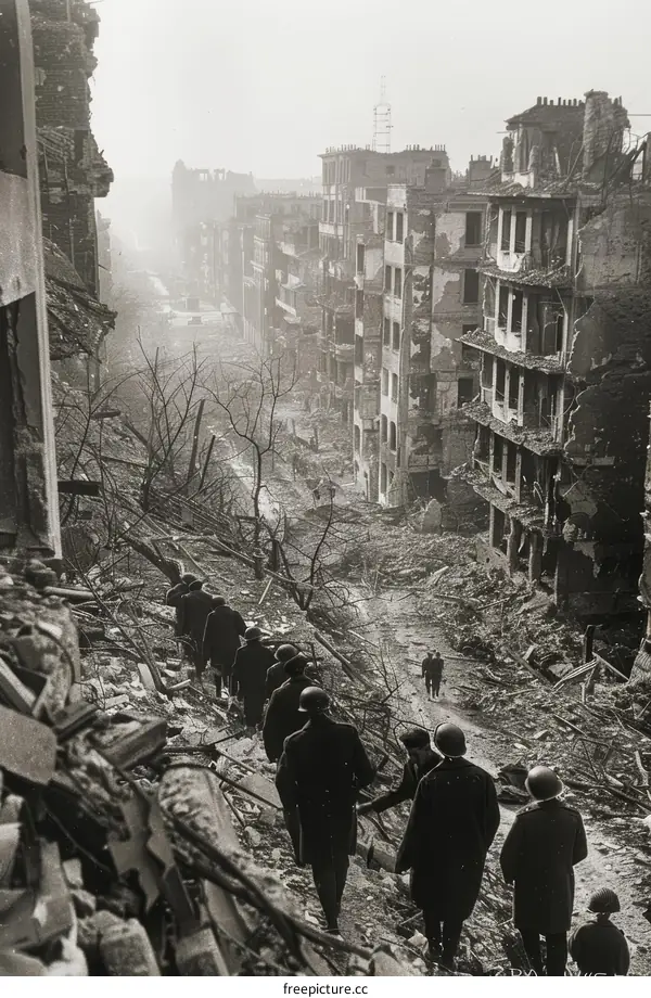 British soldiers walking through the ruins of London after a German air raid during the Blitz, 1940.