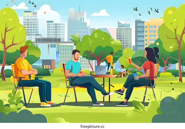 Friends Enjoying Coffee and Conversation in a Park Setting