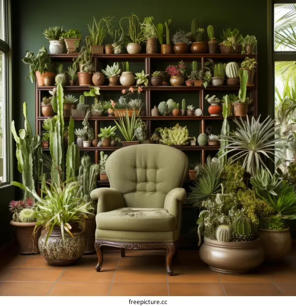 A living room with a green armchair and many plants on shelves