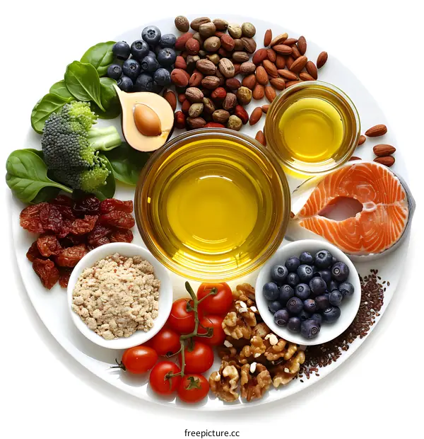 Healthy Food Plate with Salmon, Avocado, Olive Oil, and Nuts