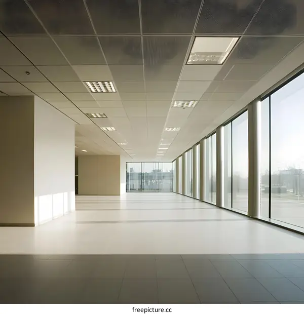 Empty Modern Office Space with Large Windows and Tile Floor