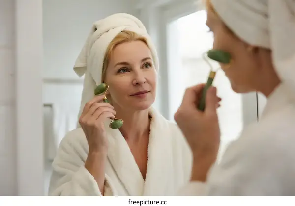 Mature woman using jade roller in bathroom mirror