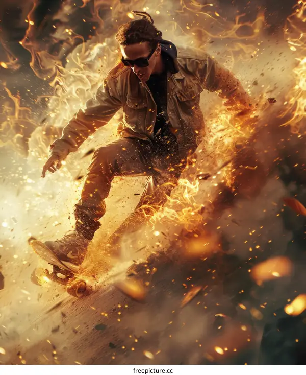 Young African-American Man Skateboarding on Fire