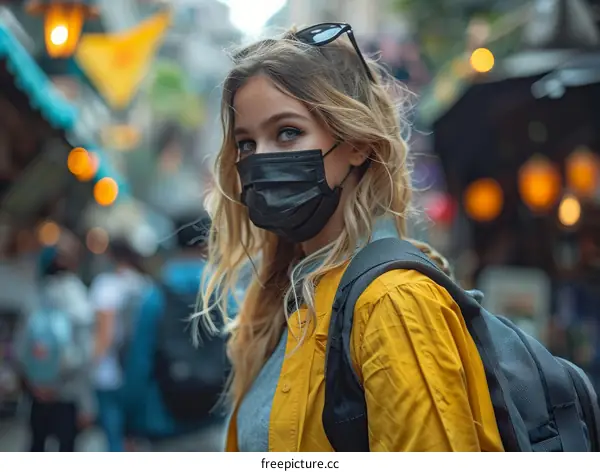 Portrait of a young woman wearing a mask in a crowded street