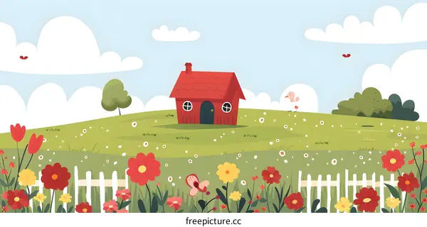 Cute Red House In A Flower Garden Illustration