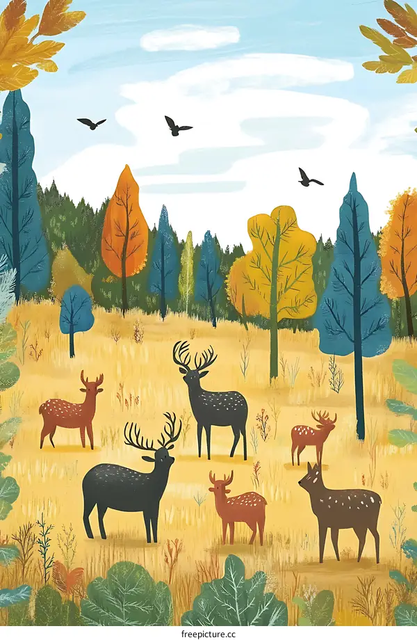 Autumn Forest with Deers and Birds