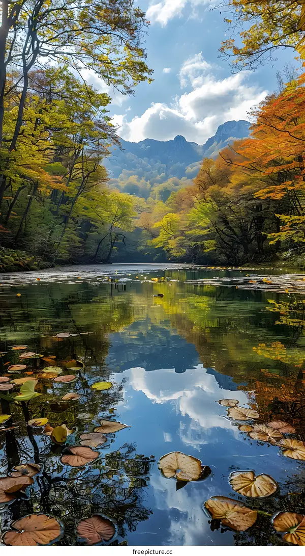 The colorful autumn leaves and the blue sky are reflected in the calm lake