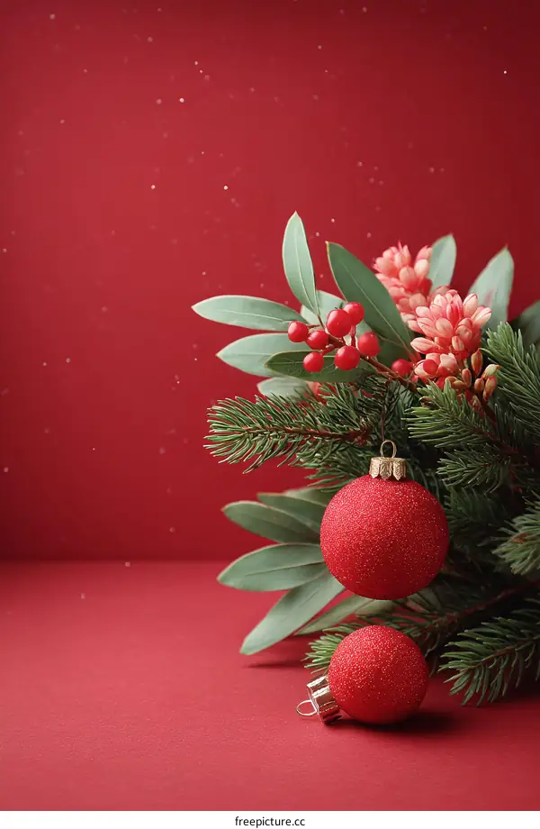 Red Christmas Ornaments and Greenery Arrangement on Red Background