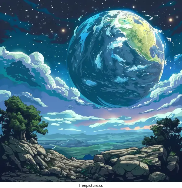 Fantasy landscape with a view of the Earth in the sky