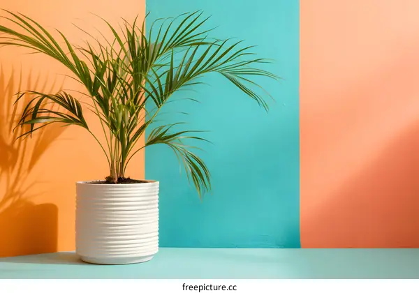 Tropical Plant In White Pot Against Colorful Wall