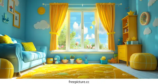 A bright and colorful living room with a large window