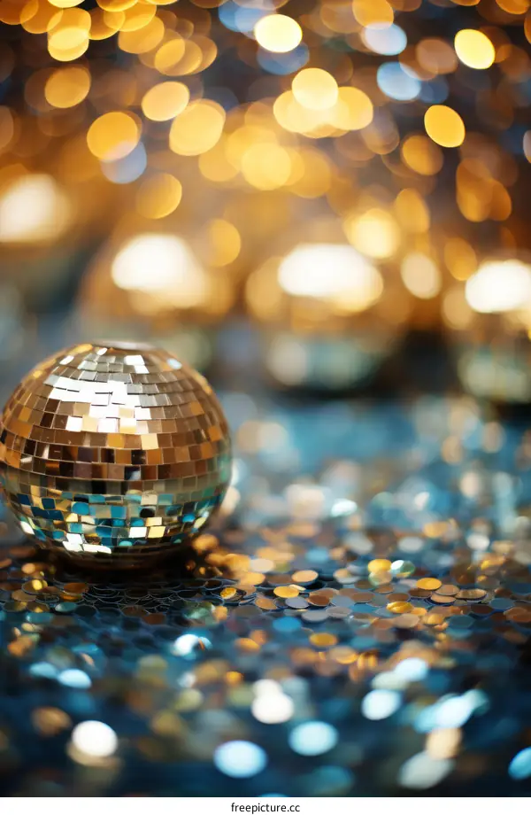 Disco Ball on Blue and Gold Glitter Background