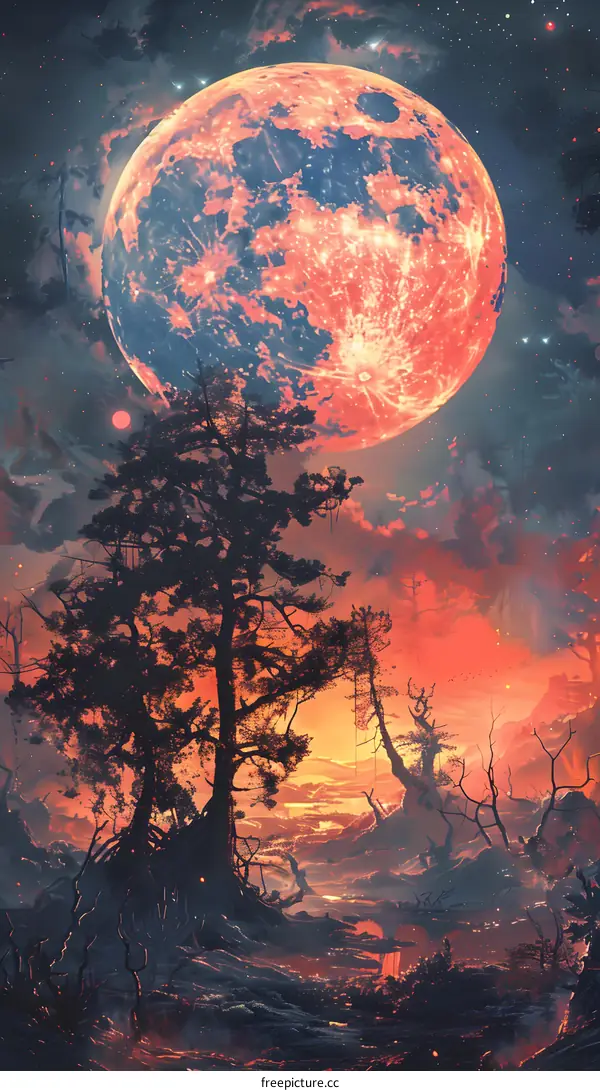 Red Moon and Forest Landscape Digital Art
