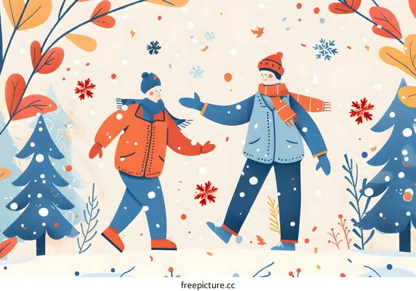 Winter Illustration of Two People Walking in the Snow