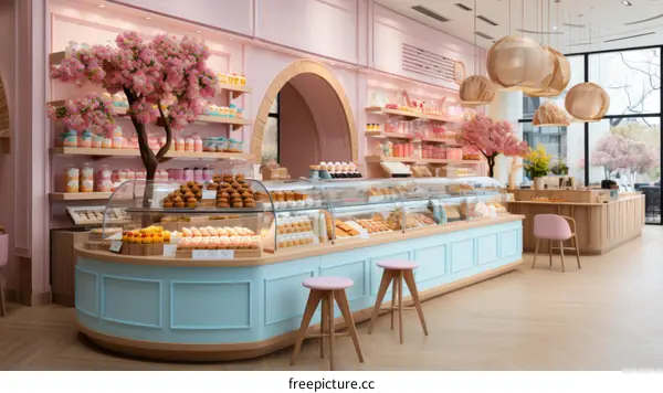 Pastel Pink Bakery Interior with Cherry Blossom Tree