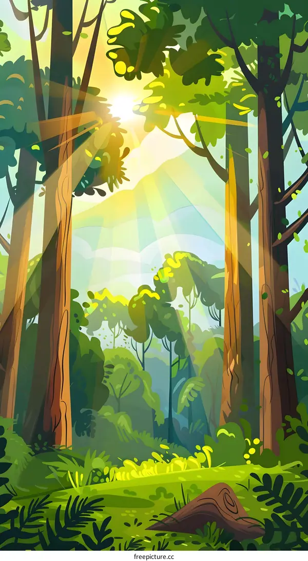 Sunny Morning in Lush Green Forest