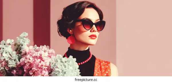 Elegant Woman with Flowers in a Retro Style