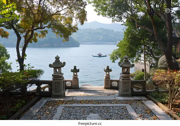 Chinese style architecture and lake