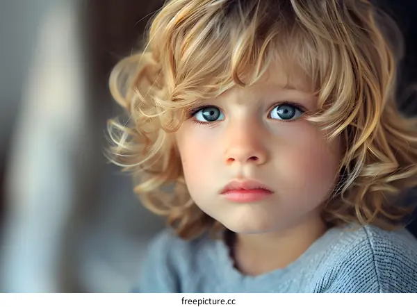 Portrait of a cute caucasian toddler boy with blond curly hair and blue eyes