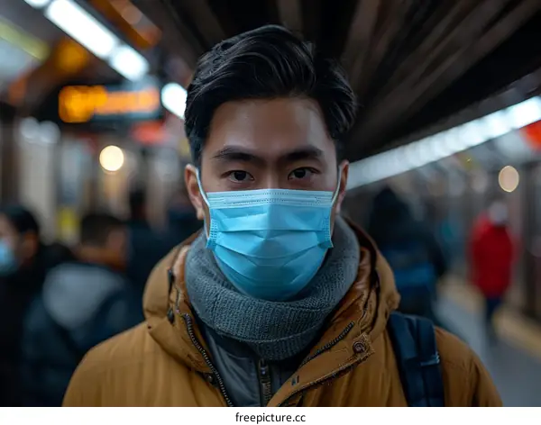 Portrait of a Man Wearing a Surgical Mask in a Subway Station