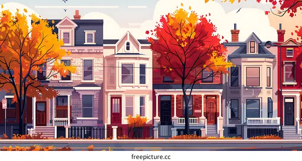 Autumn Row Houses Illustration