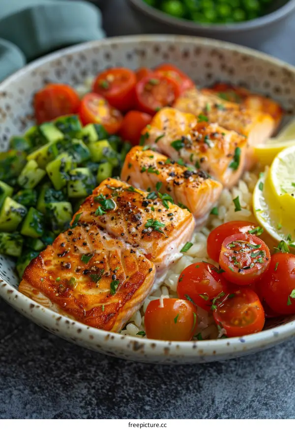 Healthy Baked Salmon with Lemon, Cucumber, and Rice