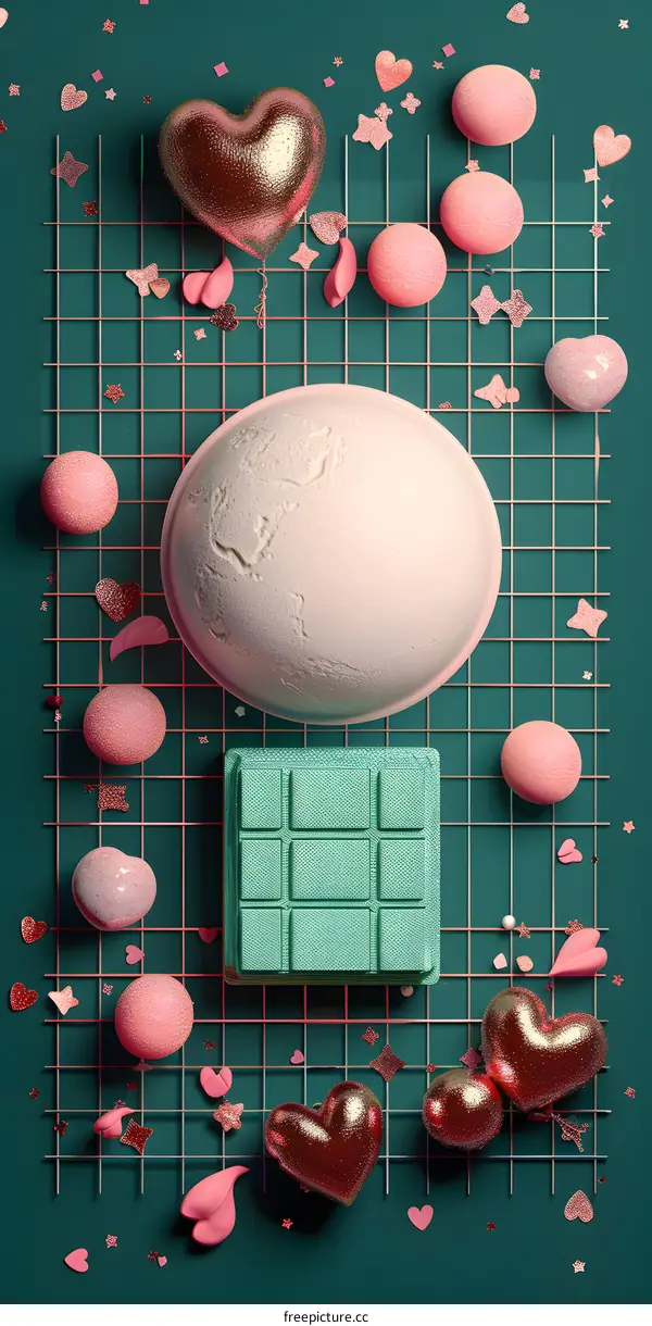 Glitter Hearts and Globe on a Teal Grid