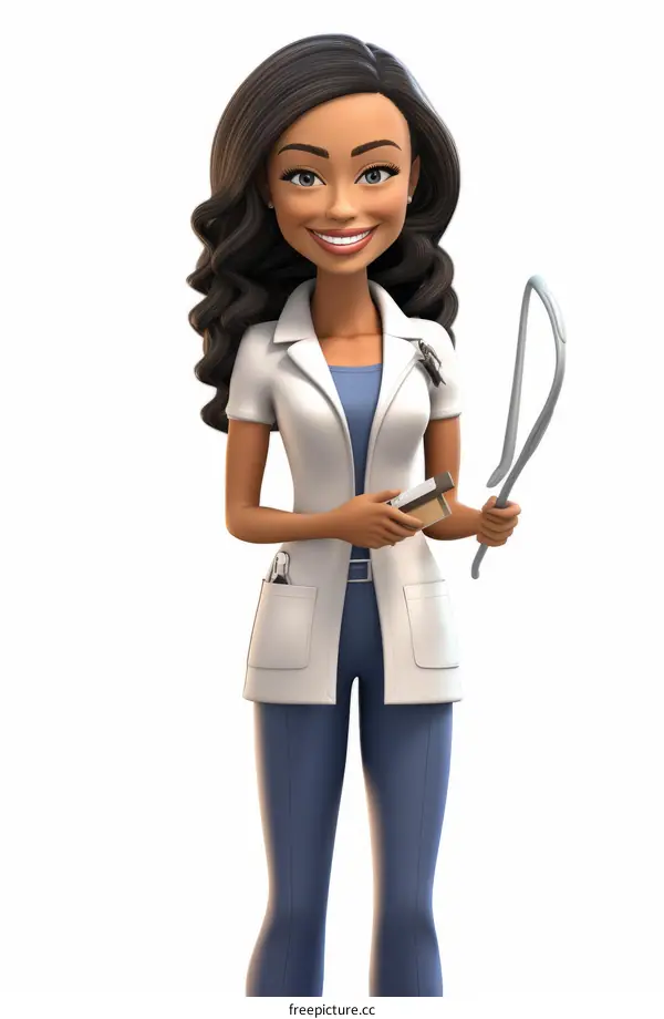 A smiling female doctor with long black hair wearing a white coat and blue scrubs holds a medical mirror and a reflex hammer.