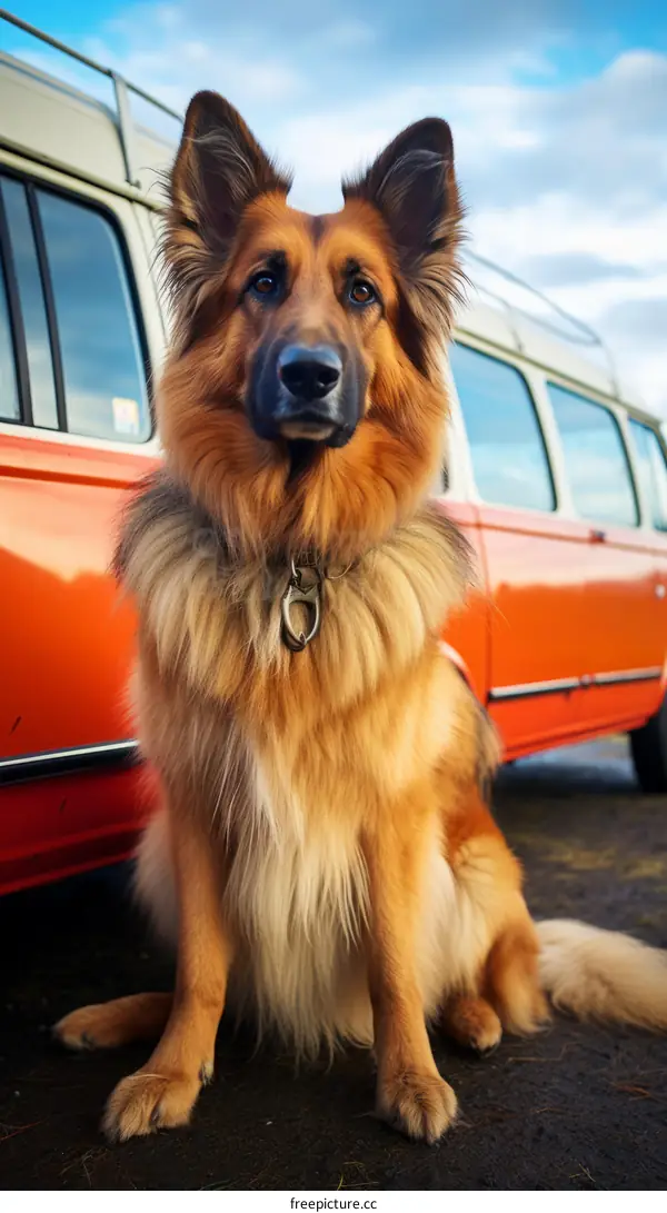 Fluffy German Shepherd Dog Sitting Next To An Orange Van