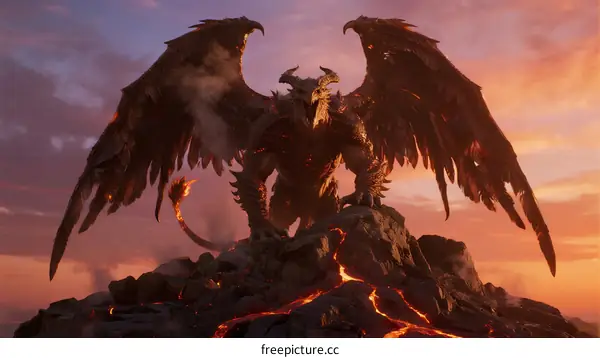 Mighty Fire-breathing Dragon Perched on Lava-covered Rock Formation