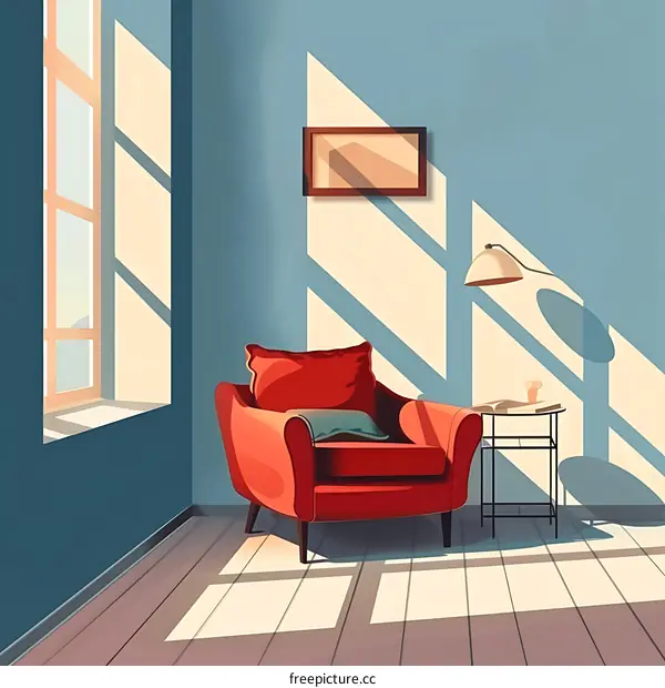Red armchair in a corner of a room with sun light