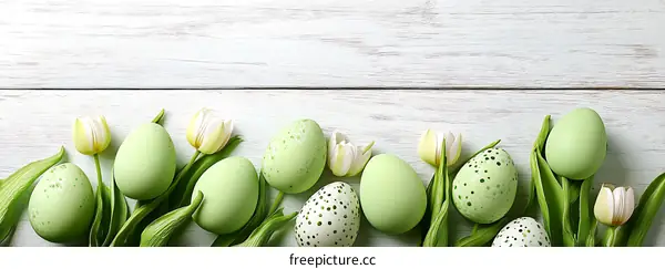 Easter Eggs and Tulips on a Light Wooden Background